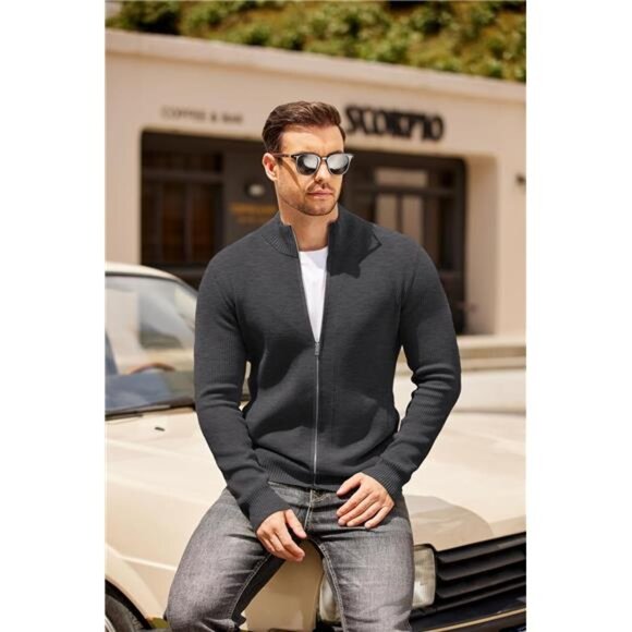 Mens Zip Up Cardigan Sweater Slim Fit Knit Full Zip Stand Collar Casual Sweater - Picture 2 of 7